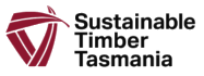 Logo for Sustainable Timber Tasmania. The logo has a red gumleaf folded around in the shape of Tasmania