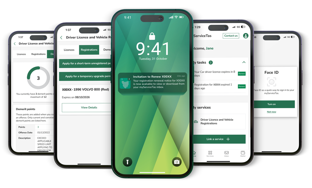 Array of mobile phones aligned upright showing key features of mobile app