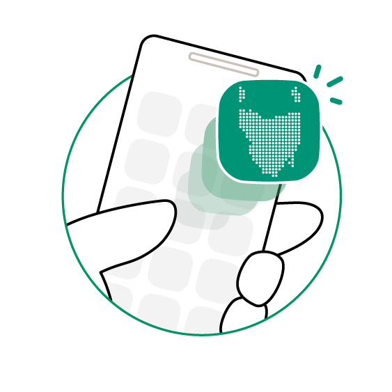 Hand holding mobile phone with myServiceTas app icon popping out of it