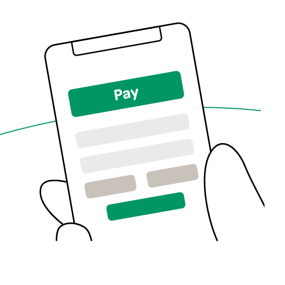 Close up of hand holding credit card over phone that shows the pay button on screen 