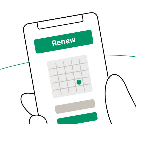 Close up of hand holding a phone showing renew button and calendar