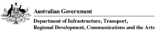 The DITRDCA logo combines the Australian Government logo of a kangaroo and emu standing on either side of shield with native foliage and the words Department of Infrastructure, Transport, Regional Development, Communications and the Arts 